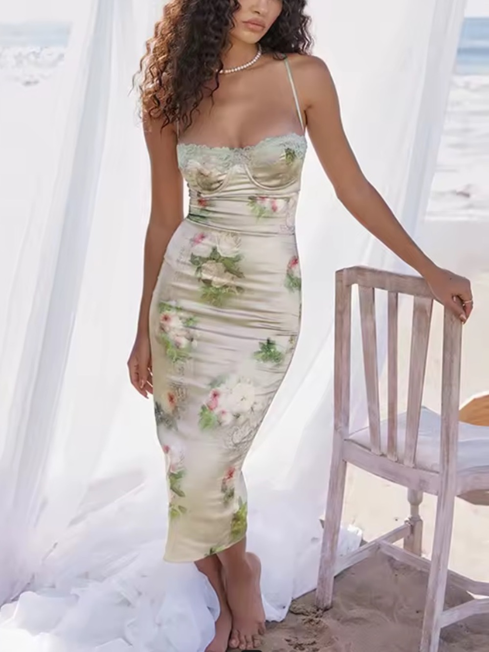 Cream Floral Lace-Trim Maxi Dress